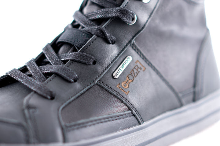 Close-up detail of full-grain leather waterproof mtb shoes H2O waterproof cycling shoes