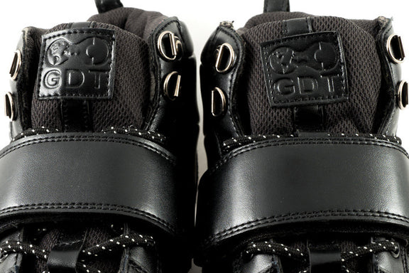 Detail of power strap on Marco Black clipless cycling shoes for adjustable secure fit on trail

