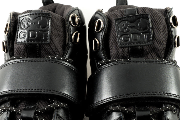 Detail of power strap on Marco Black clipless cycling shoes for adjustable secure fit on trail

