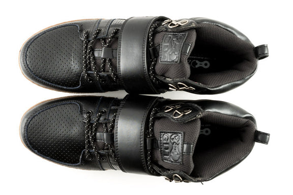 Top view of Marco Black clipless cycling shoes highlighting padded upper and secure power strap fit