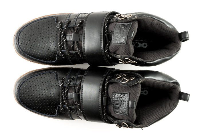 Top view of Marco Black clipless cycling shoes highlighting padded upper and secure power strap fit