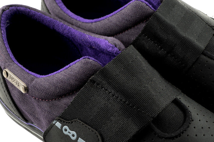 Purp clipless cycling shoes highlighting the strap in top-view