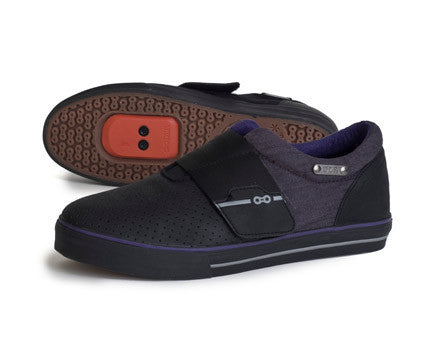Close-up of purple casual cycling shoes showing vegan upper and SPD compatible design
